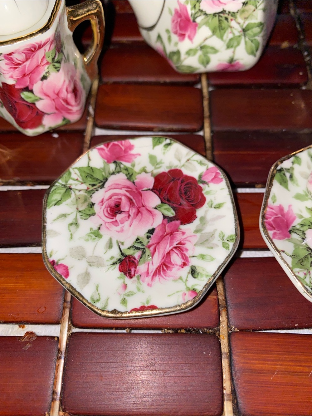 Floral Porcelain Mini Tea Set in Pink Rose with Gold Trim - Picture 3 of 8